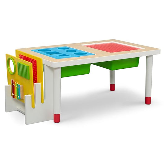 Delta Children Play and Learn Sensory Table for Kids Includes Shape Sorting, Building Block Baseplate, Gears and Musical Instruments - Use as Sand/Activity Table, White/Primary