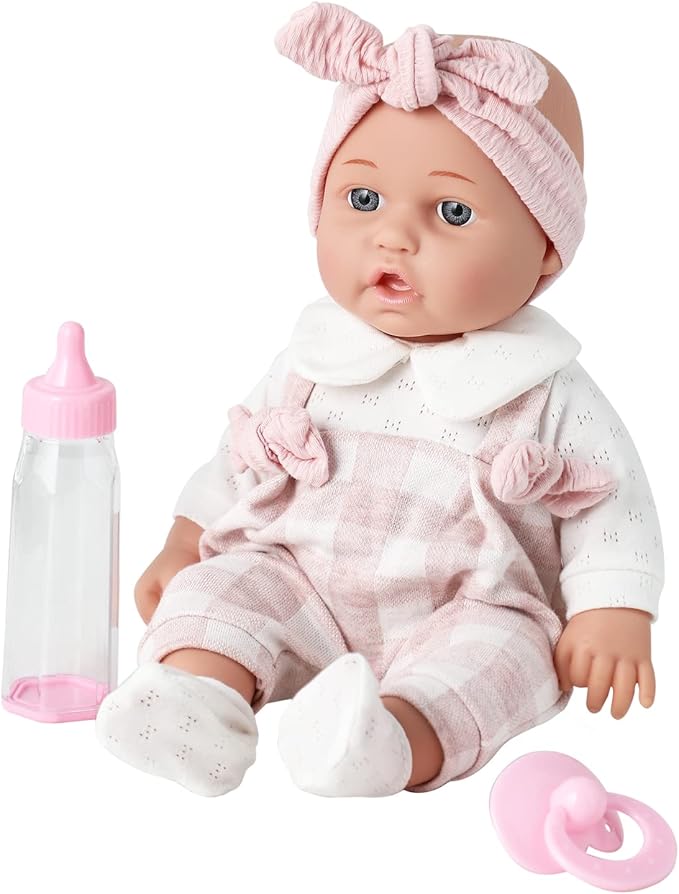 12'' Baby Doll in Gift Box with Pink Cloths, Pacifier, 13''x13'' Microfabric Blanket, and Feeding Bottle. Gift Idea for Ages 3+