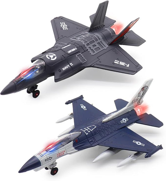 Dollox Metal Army Fighter Jets Model Airplane Toys with Light and Sound, Pull-back Alloy Airplane Toy Set Military Fighter Aircraft Flying Toys Diecast Jet Plane Models for Kids Birthday Gifts, 2 Pack