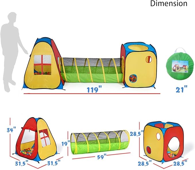 UTEX 3 in 1 Pop Up Play Tent with Tunnel, Ball Pit for Kids, Boys, Girls, Babies and Toddlers, Indoor/Outdoor Playhouse，Yellow