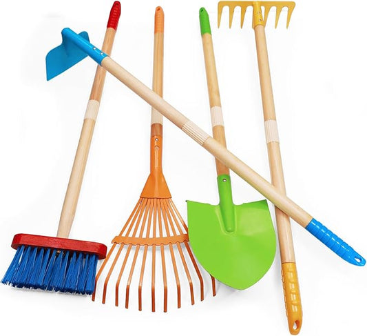 Kids Garden Tools, Outdoor Toys, Shovel for Digging Sand, Kid-Sized Rake, 5PCS 27.6 Inch Long Gardening Tools for Boys Girls Age 3 and up Gifts