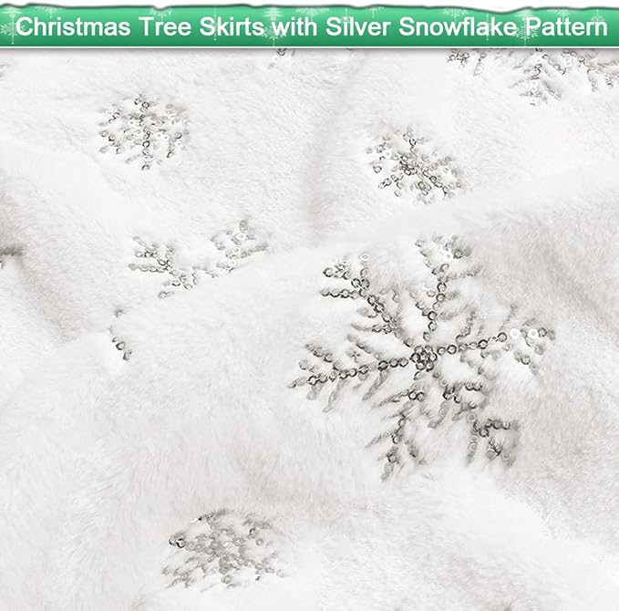 72 Inches Christmas Tree Skirt - Vonhen White Faur Fur Xmas Tree Skirts for Christmas Tree Holiday Party Decorations with Sequin Silver Snowflakes