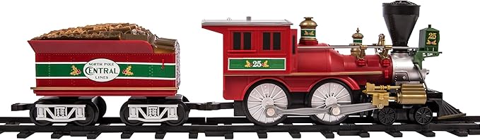 Lionel Battery-Operated North Pole Central Freight Toy Train Set with Bluetooth, Locomotive, Train Cars, & Track with Authentic Train Sounds, Lights, & Water Vapor Smoke Effects for Kids 4+