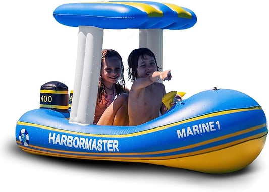 Zone Tech Inflatable Patrol Boat Pool Float and Harbor Master Boat Pool Float Ride On Fun Water Toy Squirter