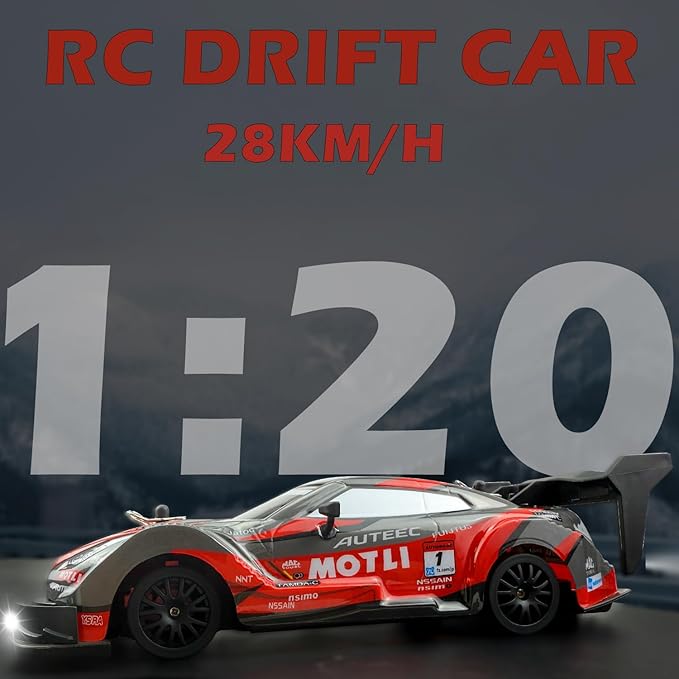 1:20 RC Drift Car 2.4GHz 4WD High Speed Drift Remote Control Cars Vehicle with LED Lights and Drifting Tires Batteries x2 Racing Sport Toy Cars for Adults Boys Girls Kids (Red)