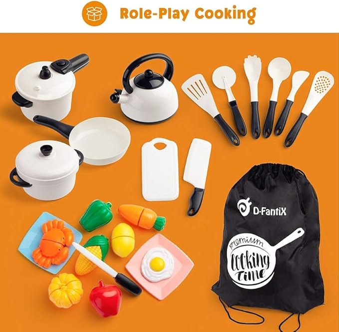 D-FantiX Kids Pretend Play Kitchen Accessories Set, Toddlers Pots and Pans Cookware Playset, Kids Cooking Toys with Utensils, Knife, Cutting Food Kitchen Playset for Girls and Boys Age 2 3 4 5 6 7