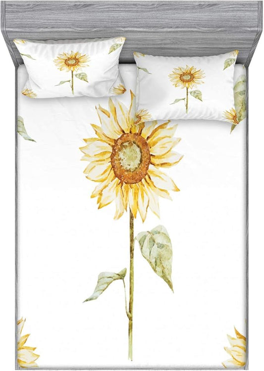Ambesonne Sunflower Fitted Sheet & Pillow Sham Set, Sunflowers Watercolor Painting Effect and in Minimalistic Design Artwork, Decorative Printed 3 Piece Bedding Decor Set, Queen, Yellow Green White