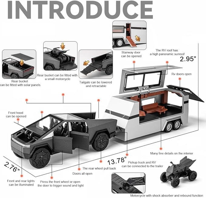 1/32 Toy Trucks with RV Motor for Kids Adults Gift, Alloy Metal Pickup Trailer RV Model Toy, Diecast Truck Model Pickup Truck Toy Car with Sound and Light