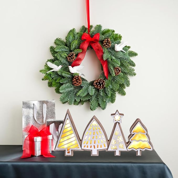 Christmas Tabletop Decorations, Lighted Wooden Christmas Tree Table Decor, Indoor Xmas Tree Block Sign with LED Lights, Farmhouse Winter Holiday Centerpiece for Mantel Shelf (White)