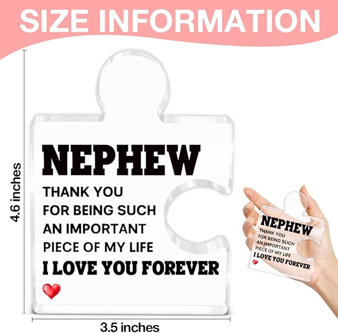 Nephew Gifts from Auntie Uncle, Heartwarming Nephew Gifts from Aunt Birthday Graduation Christmas Gift for Men Boys Acrylic Puzzle Piece Plaque Keepsake Desk Decorations for Home Decor