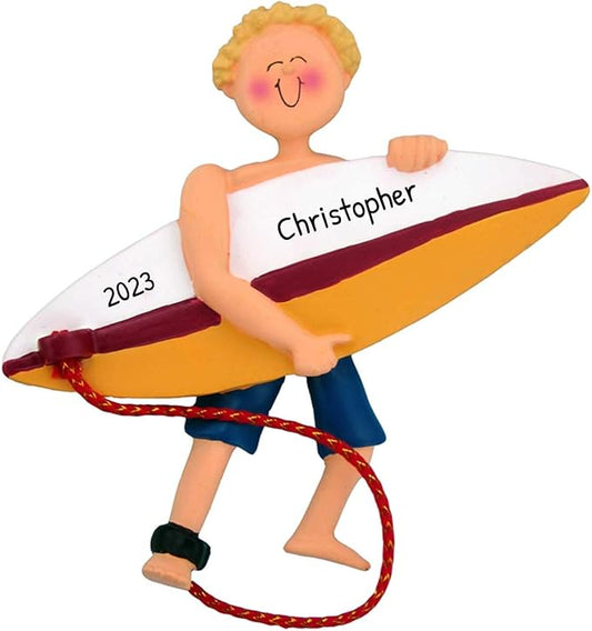 Personalized Surfboard Ornaments 2025 - Blonde Surfer Boy Beach Ornaments Surfer for Christmas Tree Surfboard Decor Surfing Ornament Gifts for Surfers Beachy Christmas by Elves