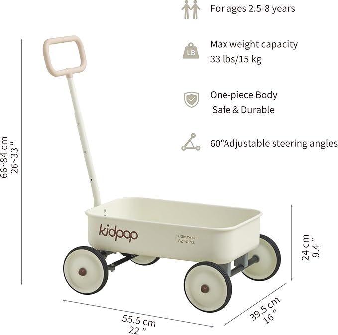 PULA-Wild 2-in-1 Kids' Pull-Along Wagon Toddlers Push Walker for 2.5-8 Adjustable Handlebar, Birthday Gifts Max Weight 33 lbs (White)