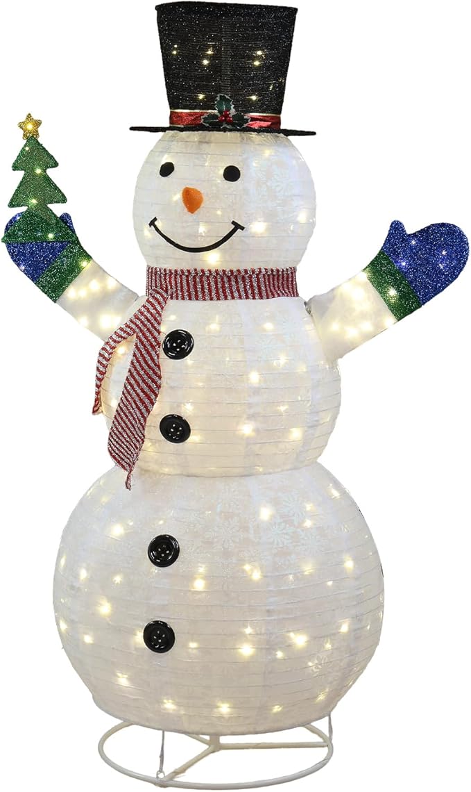 Snowman Outdoor Christmas Decorations with 120 LED Lights, 4ft Lighted Snowman with Metal Stand, Holiday Ornaments Xmas Decor for Home Porch Patio Yard Party (White with Small Tree, 5.7 FT)