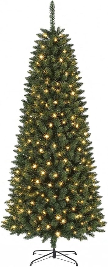 9FT Pre-Lit Artificial PVC Pencil Christmas Tree with 380 Warm White LEDs - Slim Two-Tone Design, Easy Assembly Holiday Decor for Home, Office & Parties (Green, 1153 Tips)