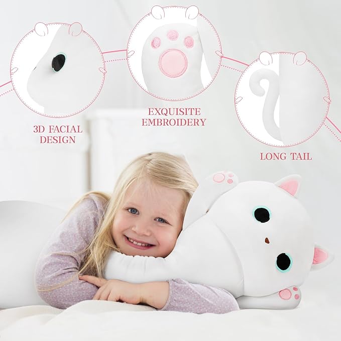 MaoGoLan Long Cat Plush Body Pillow, 44'' Giant White Glow in The Dark Cat Stuffed Animal Toy Gift for Girl Boy Kid, Big Cute Kitty Plush Throw Pillow for Halloween Christmas Decor