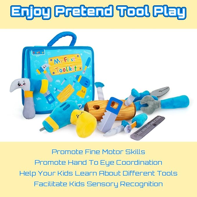 teytoy My 1st Toolbox Playset, Baby Tool Set for 1 Year Old, Pretend Play Construction Toy with Zippered Tool Box, Montessori Stem Plush Tool Kit Toys Birthday Gift for Toddlers Girls Boys
