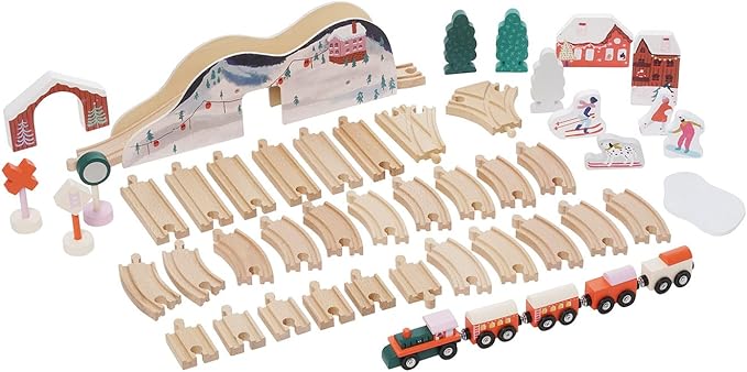 Manhattan Toy Alpine Express 49-Piece Wooden Toy Train Set with Scenic Accessories for Toddlers 3 Years and Up Multicolor