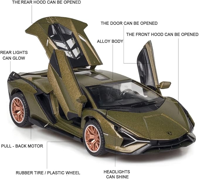 Diecast Toy Car Sian FKP37 Sports Model Car,Zinc Alloy Simulation Casting Pull Back Vehicles,1:32 Scale Supercar Toys with Lights and Music Sound for Toddlers Kids Children Boys Girls Gift (Green)