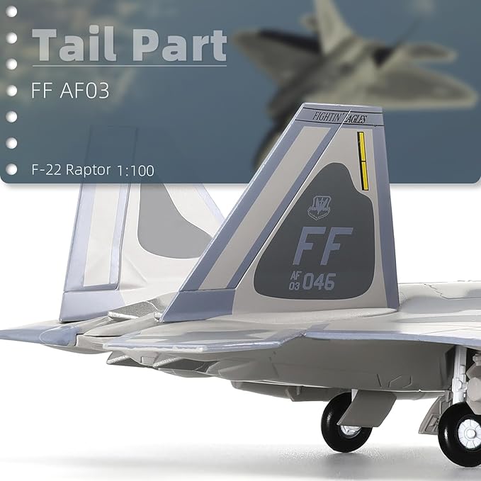 F-22 Raptor 1/100 Scale Diecast Metal Fighter Jet Model Stealth Combat Airplane Air Force Aircraft Alloy Model with Stand for Adult Military Collections or Gift (FF 03046)