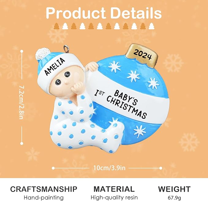 iDIY Personalized Babys First Christmas Ornaments 2025 - Custom Name Baby Ornaments for Christmas Tree - Xmas Gifts Ideal for Baby Grandkids Newborn - Girl or Boy - Blue