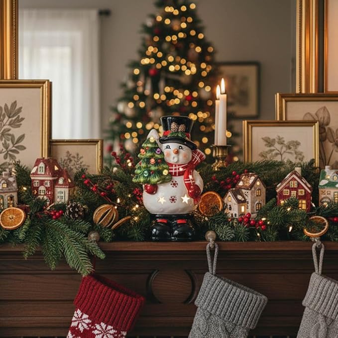 Napco 52831 LED Light-Up Snowman Holding Christmas Tree Multicolor 7.5 x 4.5 Inches Ceramic Winter Christmas Holiday Figurine