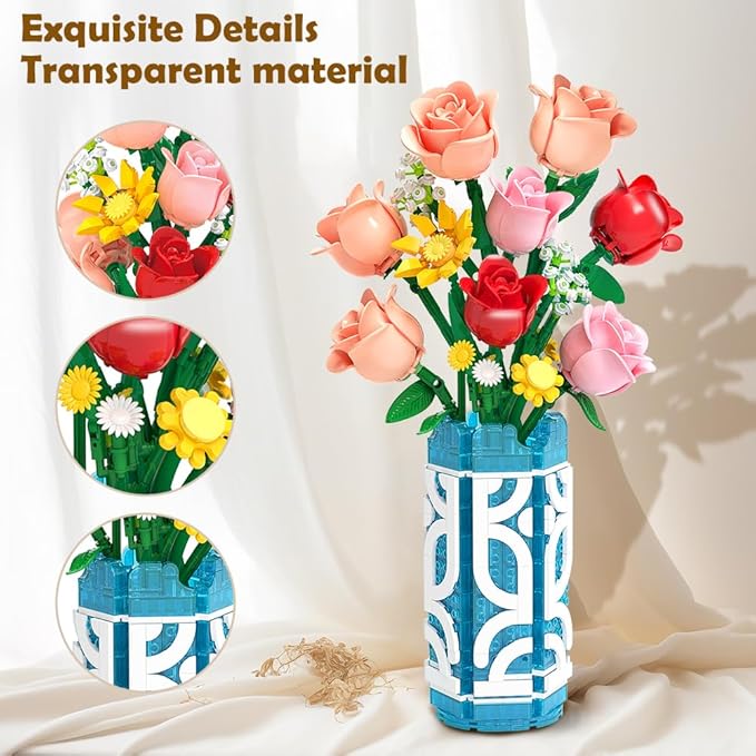 14 Flowers Bouquet Building Set with Vase and LED Light, Mother's Day 747 PCS Mini Roses Flower Botanical Building Blocks Toy, Birthday Gifts for Adults, Artificial Roses Flowers Home Decor