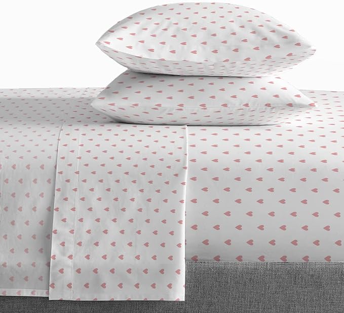 Saturday Park Pink Hearts Full Sheet Set - 4 Piece 100% Organic Cotton Sheets - GOTS & Oeko-TEX Certified