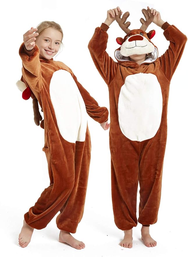 Kid Reindeer Onesie Pajamas Deer Halloween Costume Boy Girl Animal Onepiece (Brown, 8-9Years)