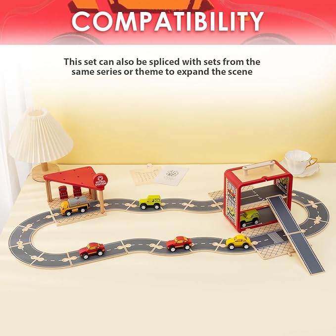 Wooden Toy Car Set for Toddlers, Car Track and Parking Garage Playset, Toy Vehivle Set with Blocks Storage Box for Kids Boys and Girls