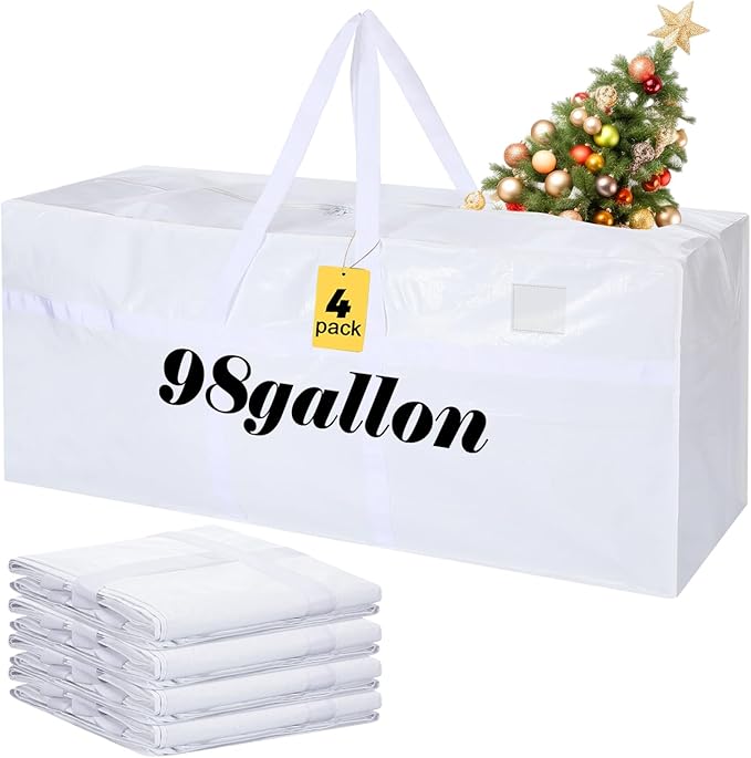 Windyun 4 Pack 98 Gallon Extra Large Storage Bags XXL Moving Bags with Zipper Handles Heavy Duty Jumbo Big Totes Box for Halloween Skeleton 4-12 Feet Christmas Tree Storage College Dorm Cloth (White)