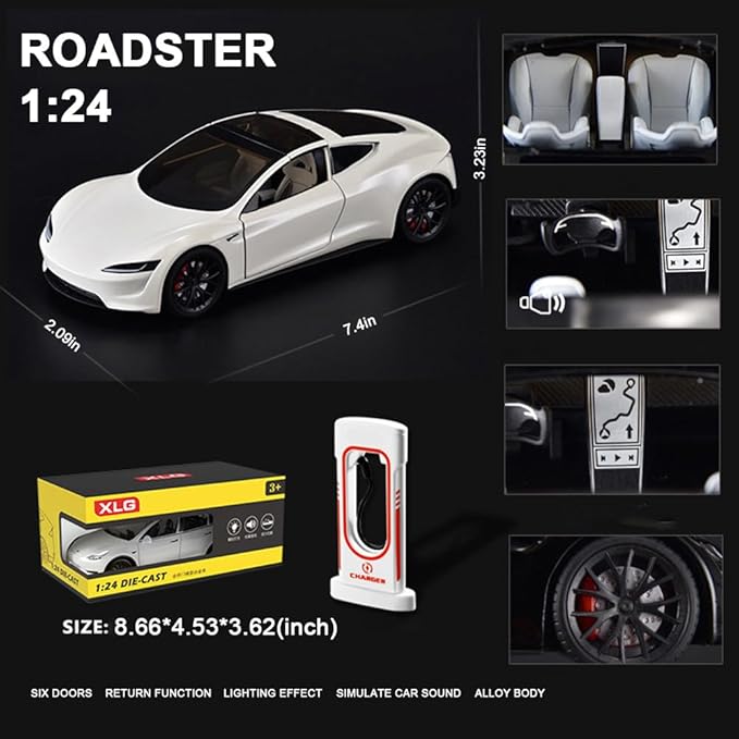 1/24 Diecast Roadster Model Car with Pull Back Function, Sound and Light, Alloy Metal Vehicles Roadster Toy Car Ideal Collectible for Kids Adults Enthusiasts, Great Birthday Gift (White)