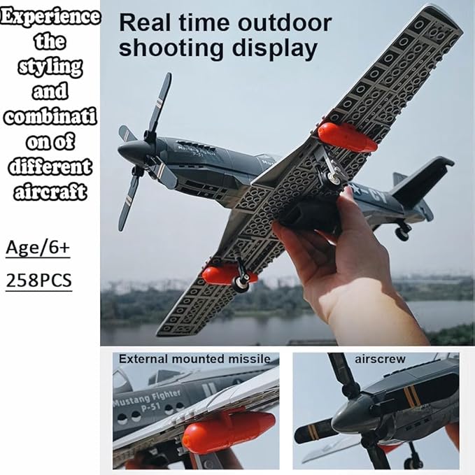 P-51 Fighter Plane Military Fighter Air Force Building Block Set,WW2 Military Airplanes Model,Aircraft Plane Brick Building Set Toy Gifts for Kids and Adults,258PCS