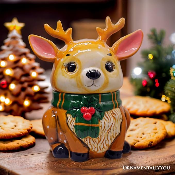 OrnamentallyYou Festive Reindeer 10" Cookie Jar, Christmas Kitchen Festive Deer Decoration