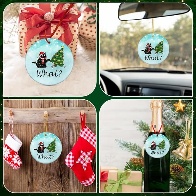 OASSIE Christmas Funny Black Cat Gifts for Women Men - Ceramic Christmas Ornaments 2025 for Tree Decorations - Cat Lover Gifts for Women Animal Lovers, Funny Ornaments, White Elephant Gift Ideas