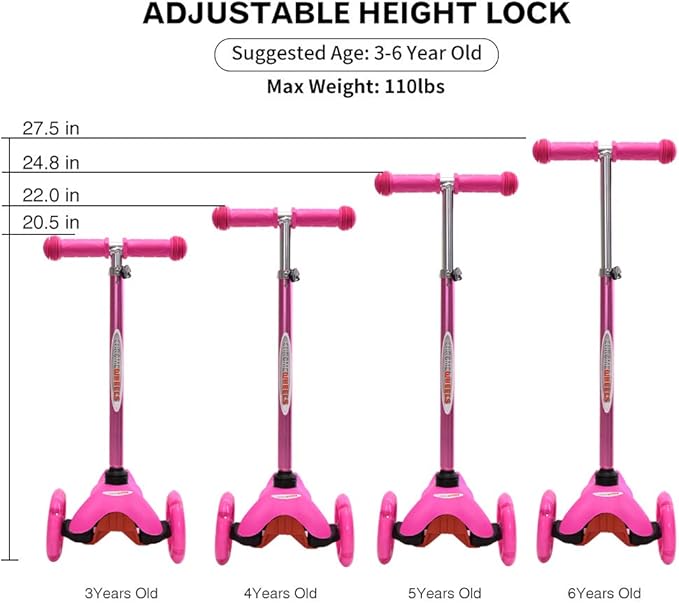 ChromeWheels Scooter for Kids, Deluxe 3 Wheel Scooter for Toddlers 4 Adjustable Height Glider with Kick Scooters, Lean to Steer with LED Flashing Light for Ages 3-6 Girls Boys