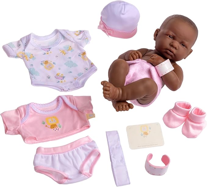 8 piece Layette Baby Doll Gift Set | JC Toys - La Newborn Nursery | 14" Life-Like African American Newborn Doll w/ Accessories | Pink | Ages 2+