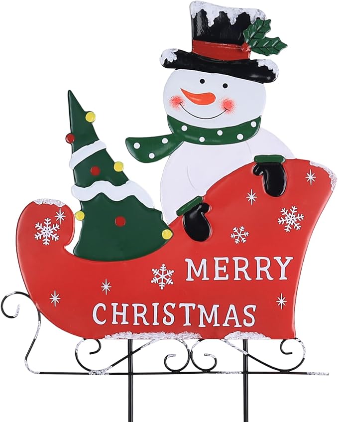 YEAHOME Outdoor Christmas Decorations, Metal Snowman with Sleigh Decorative Garden Stakes for Outdoor Yard, Merry Christmas Signs for Outside Porch Lawn Pathway Xmas Decor