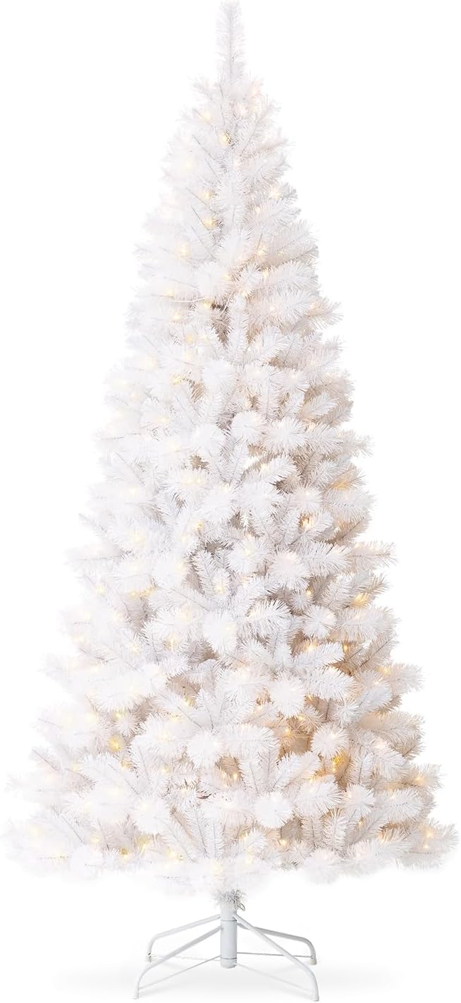 Glitzhome 8ft Pre-Lit Slim Artificial Christmas Tree, Aspen Frostfall Pine Hinged Holiday Xmas Tree with Foldable Metal Stand, 500 Warm White Lights, Ideal for Home, Office, Party Decoration