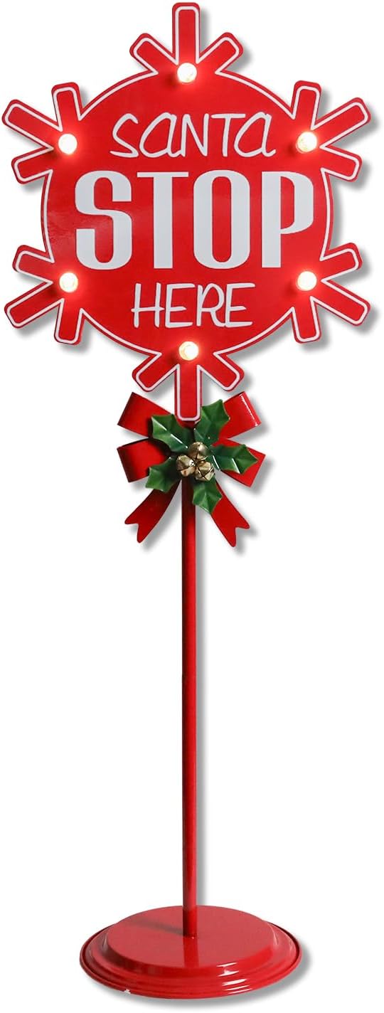 Christmas Santa Stop Here Sign with LED Light Battery Operated with Timer Christmas Stop Sign with Base Xmas Holiday Decorations Patio Lawn Yard Outdoor Display Decor