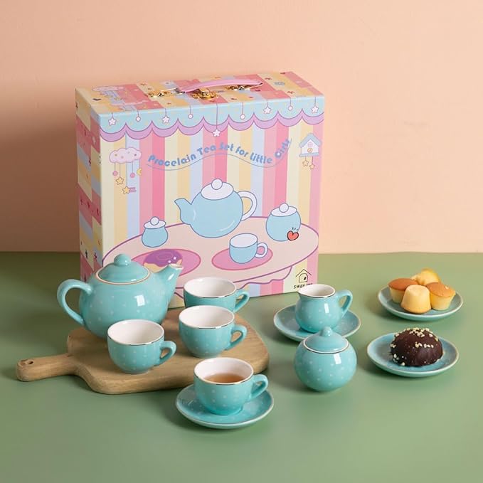 Sweejar Porcelain Tea Set for Little Girls,Kitchen Toys Tea Party Set for Kids Toddler Kitchen Pretend Toy Include Children Teapot, Cup & Saucer Sugar Bowl and Cream Pitcher(Turquoise Polka Dot)