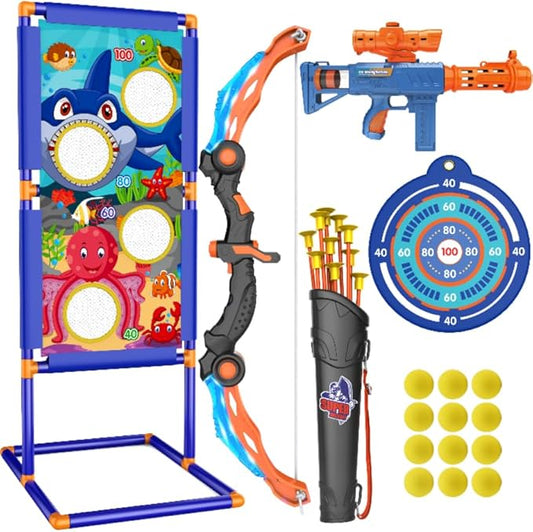 KKONES Kids Bow and Arrow Set, 2 in 1 Shooting Game with LED Light Up Archery Toy, Foam Balls, Suction Cup Arrows, Target, Quiver, Indoor Outdoor Toys for Kids Boys Girls Gifts