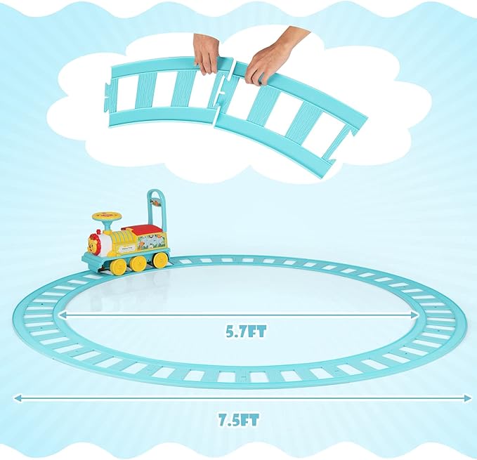 OLAKIDS Kids Ride On Train with Track, 6V Electric Toy with Lights and Sounds, Retractable Footrest, Under Seat Storage, Christmas Theme Battery Powered Gift for Toddlers Boys Girls (Lion)