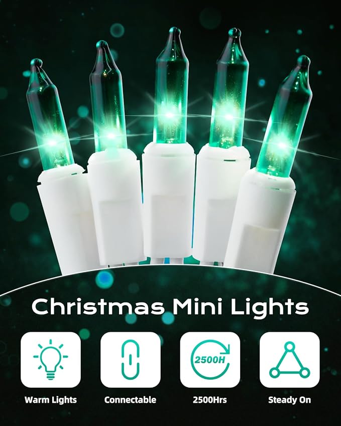 Brightown Green Christmas String Lights, 100-Count 26.5ft Incandescent Bulb Mini Lights for St. Patrick's Day Decor, Christmas Tree Garland Wedding Party Multi-Use Festival Decoration, White Wire