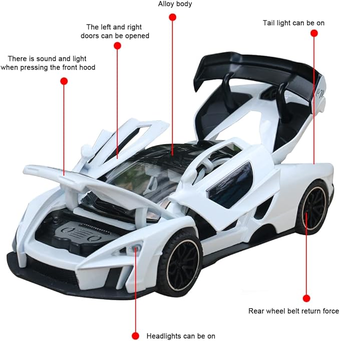 Diecast Toy Car McLaren Senna Sports Car Model,Zinc Alloy Simulation Casting Pull Back Vehicles,1:32 Scale Mini Electronic Supercar Toys with Lights and Music for Toddlers Kids Children Gift (White)