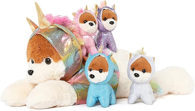 Muiteiur Giant Unicorn Stuffed Animal Cute Mommy Unicorn Dog with Zippered Pouch Includes 4 Baby Unicorns Gifts for Girls (Multicolor,26 Inches)