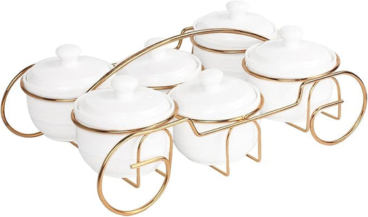 Ceramic Candy Bowls, Condiment/Sugar bowls gold basket Tray, 6 Removable small bowls With cover, For Snack, Dried fruits, nuts, candies and condiments - for parties, Holiday gift