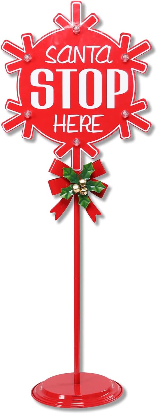 Christmas Santa Stop Here Sign with LED Light Battery Operated with Timer Christmas Stop Sign with Base Xmas Holiday Decorations Patio Lawn Yard Outdoor Display Decor