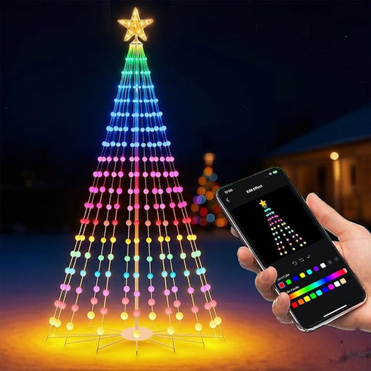 9FT Smart Christmas Cone Tree, Prelit Color Changing Outdoor Christmas Tree Light with Remote Music Timer for Yard Decorations