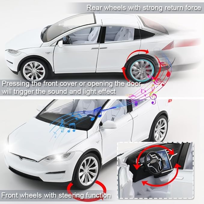 Zinc Alloy X Car Model,1:24 Scale Simulation Casting car Model Pull Back Diecast Toy Car, Mini Vehicles Toys with Lights and Music for Toddlers Kids Children Birthday Gift(White)