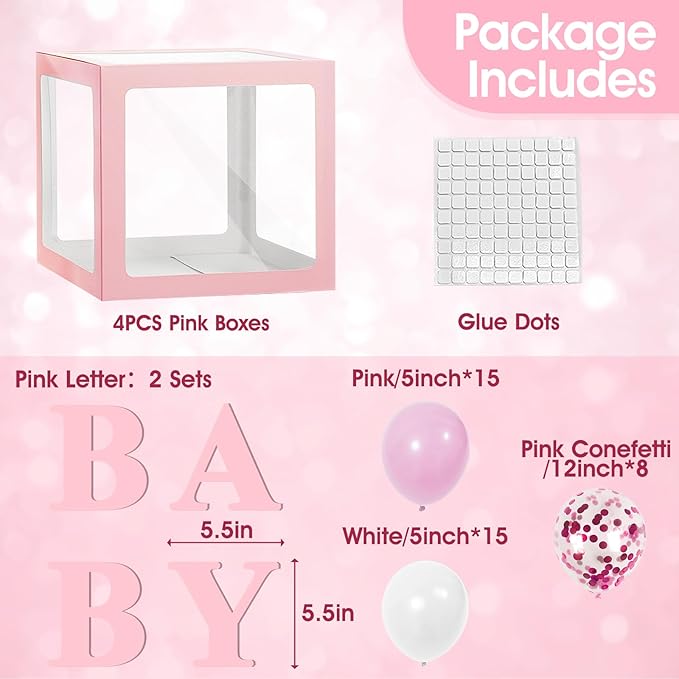 Ledido Baby Boxes with Letters for Baby Shower Decorations with 38 Balloons, 4 pcs Clear Baby Balloon Boxes Blocks for Baby Shower Decor Boy Girl Gender Reveal Decorations Backdrop Party (Pink)